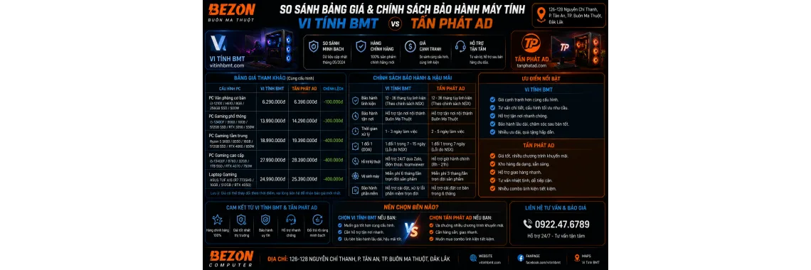 So Sánh Bảng Giá & Chính Sách Bảo Hành Máy Tính: Vi Tính BMT vs Tấn Phát AD