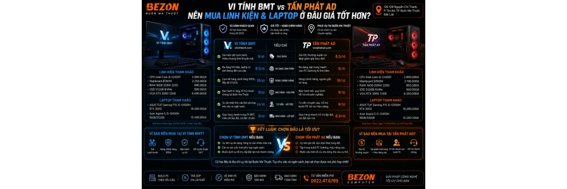 Vi Tính BMT vs Tấn Phát AD: Nên Mua Linh Kiện & Laptop Ở Đâu Giá Tốt Hơn?