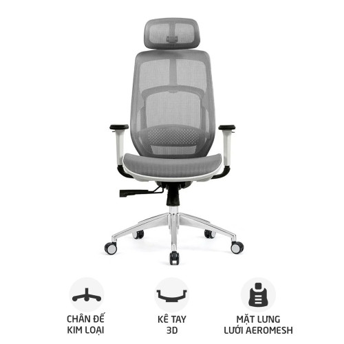 Ghế công thái học HYPERWORK Airy | Trắng, 120kg, Chân xoay, Lưng lưới