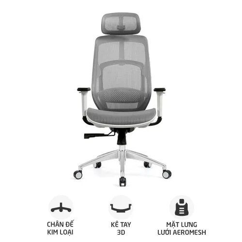 Ghế công thái học HYPERWORK Airy | Trắng, 120kg, Chân xoay, Lưng lưới