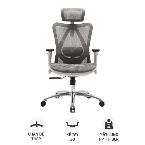 Ghế công thái học SIHOO M57 | Xám, 120kg, Chân xoay, Lưng lưới