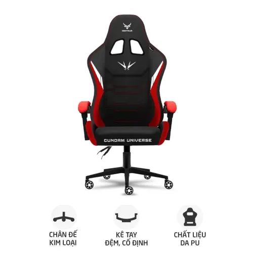 Ghế gaming CENTAUR Gundam Universe | Đen đỏ, 150kg, Chân xoay, Da PU