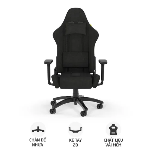 Ghế gaming CORSAIR TC100 RELAXED | Đen, 120kg, Chân xoay, Lưng vải (CF-9010051-WW)