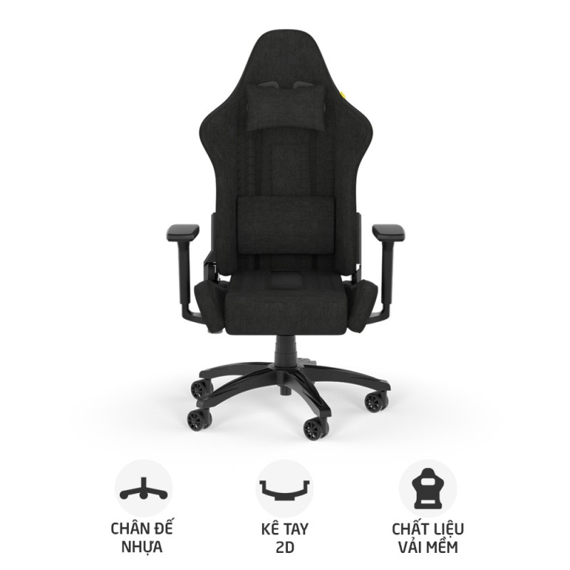Ghế gaming CORSAIR TC100 RELAXED | Đen, 120kg, Chân xoay, Lưng vải (CF-9010051-WW)