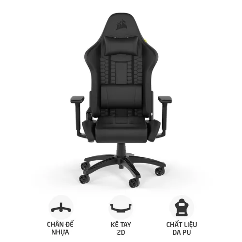Ghế gaming CORSAIR TC100 RELAXED | Đen, 120kg, Chân xoay, Da PU (CF-9010050-WW)