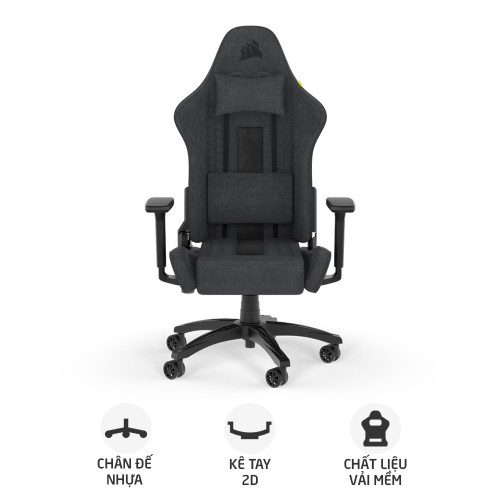 Ghế gaming CORSAIR TC100 RELAXED | Xám, 120kg, Chân xoay, Lưng vải (CF-9010052-WW)
