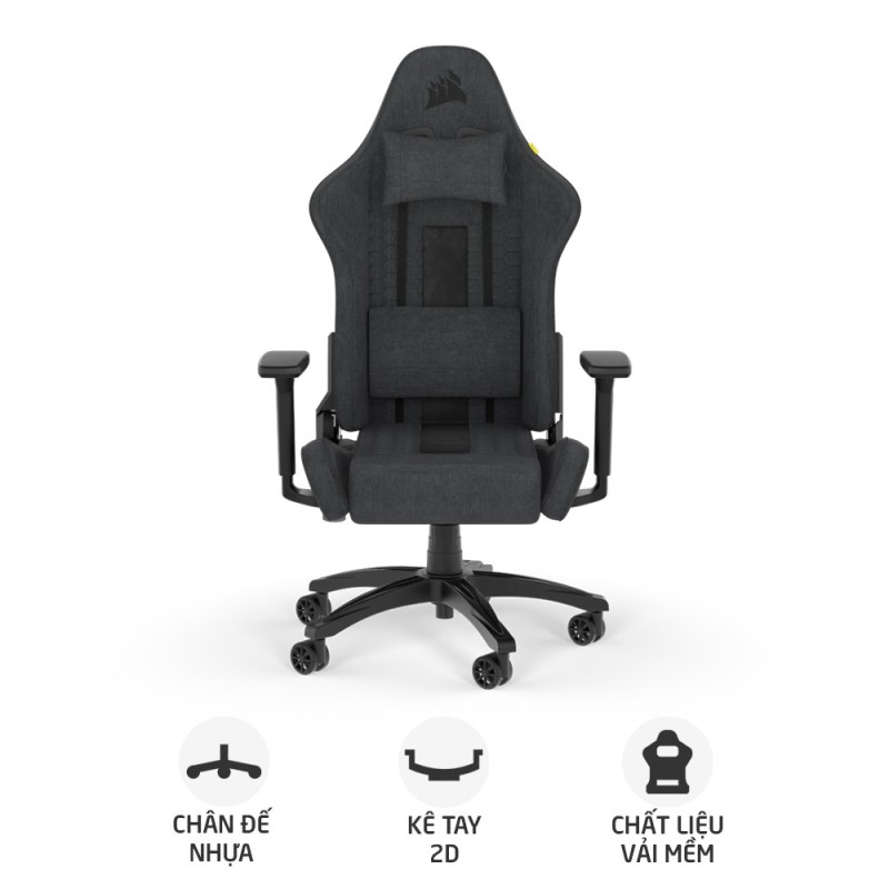 Ghế gaming CORSAIR TC100 RELAXED | Xám, 120kg, Chân xoay, Lưng vải (CF-9010052-WW)