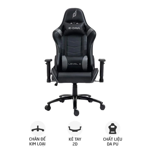 Ghế gaming E DRA Level E EGC229 | Đen xám, 150kg, Chân xoay, Da PU