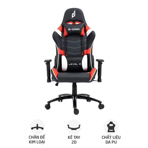 Ghế gaming E DRA Level E EGC229 | Đen đỏ, 150kg, Chân xoay, Da PU