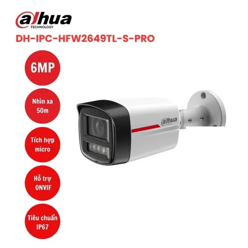 Camera Dahua HFW2649TL‑S‑PRO 6MP - Ghi hình màu, có mic