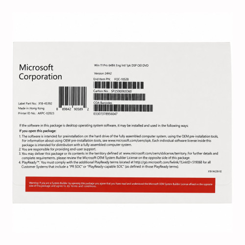 Phần mềm Microsoft Windows 11 Pro 64Bit Eng Intl 1PK DSP OEI DVD (FQC-10528) | Box Chính Hãng