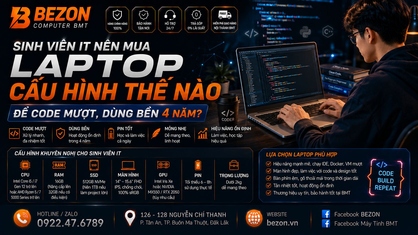 Sinh viên IT nên mua Laptop cấu hình thế nào để code mượt, dùng bền 4 năm?
