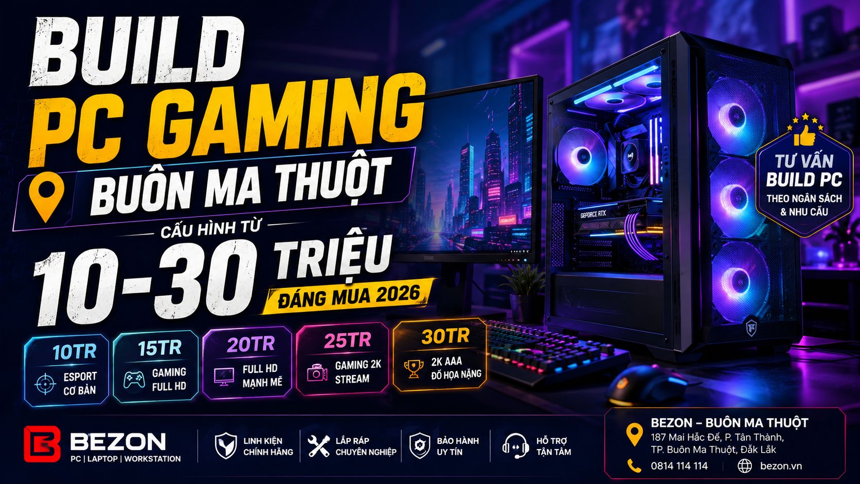 Build PC Gaming Buôn Ma Thuột: Cấu Hình Từ 10–30 Triệu Đáng Mua 2026