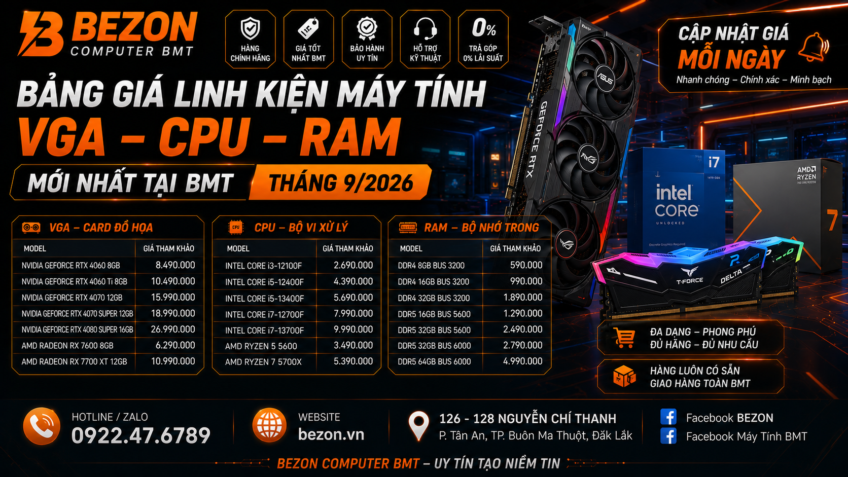 Bảng giá linh kiện máy tính (VGA, CPU, RAM) mới nhất tại BMT tháng 9/2026
