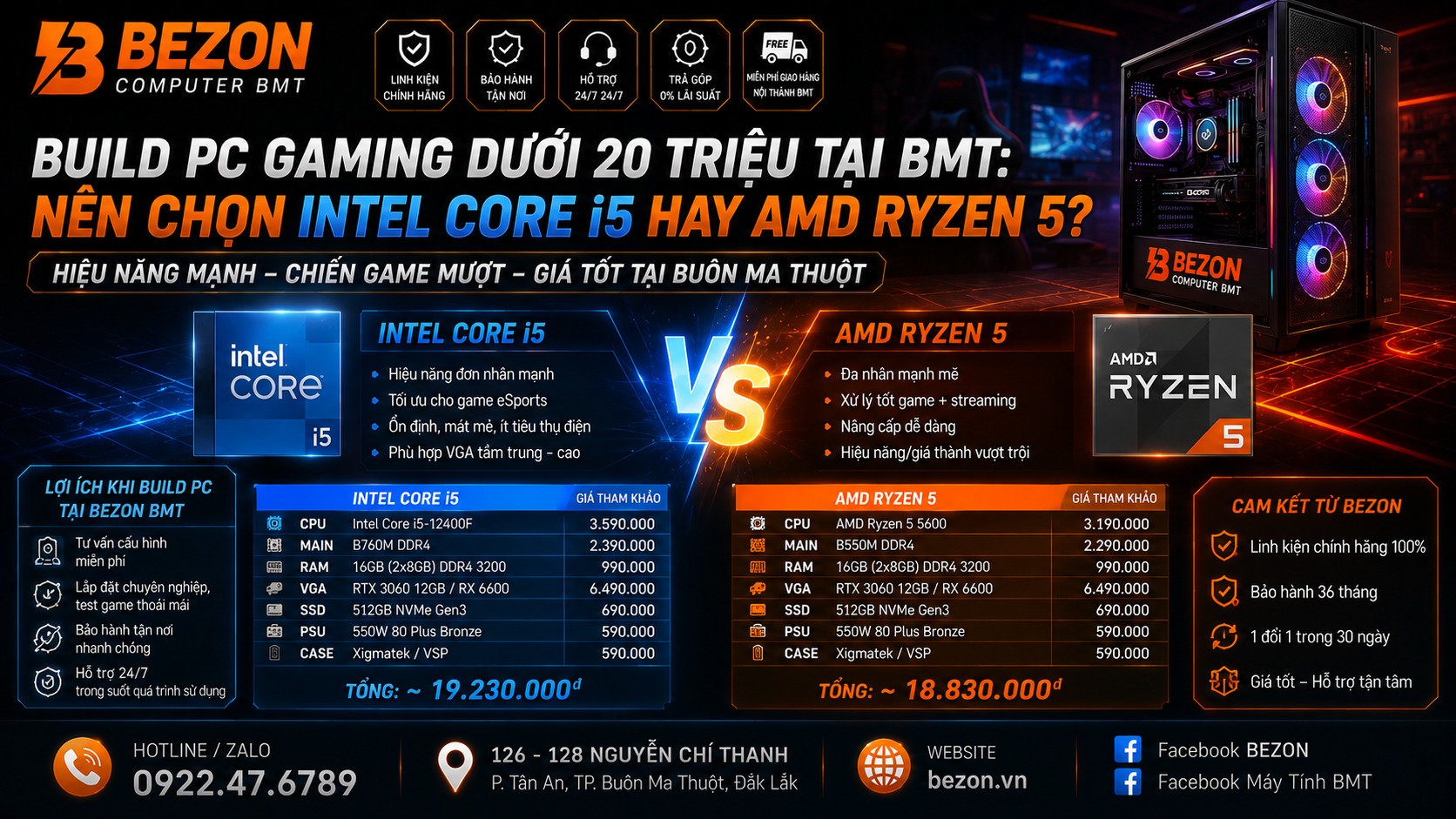 Build PC Gaming dưới 20 triệu tại BMT: Nên chọn Intel Core i5 hay AMD Ryzen 5?