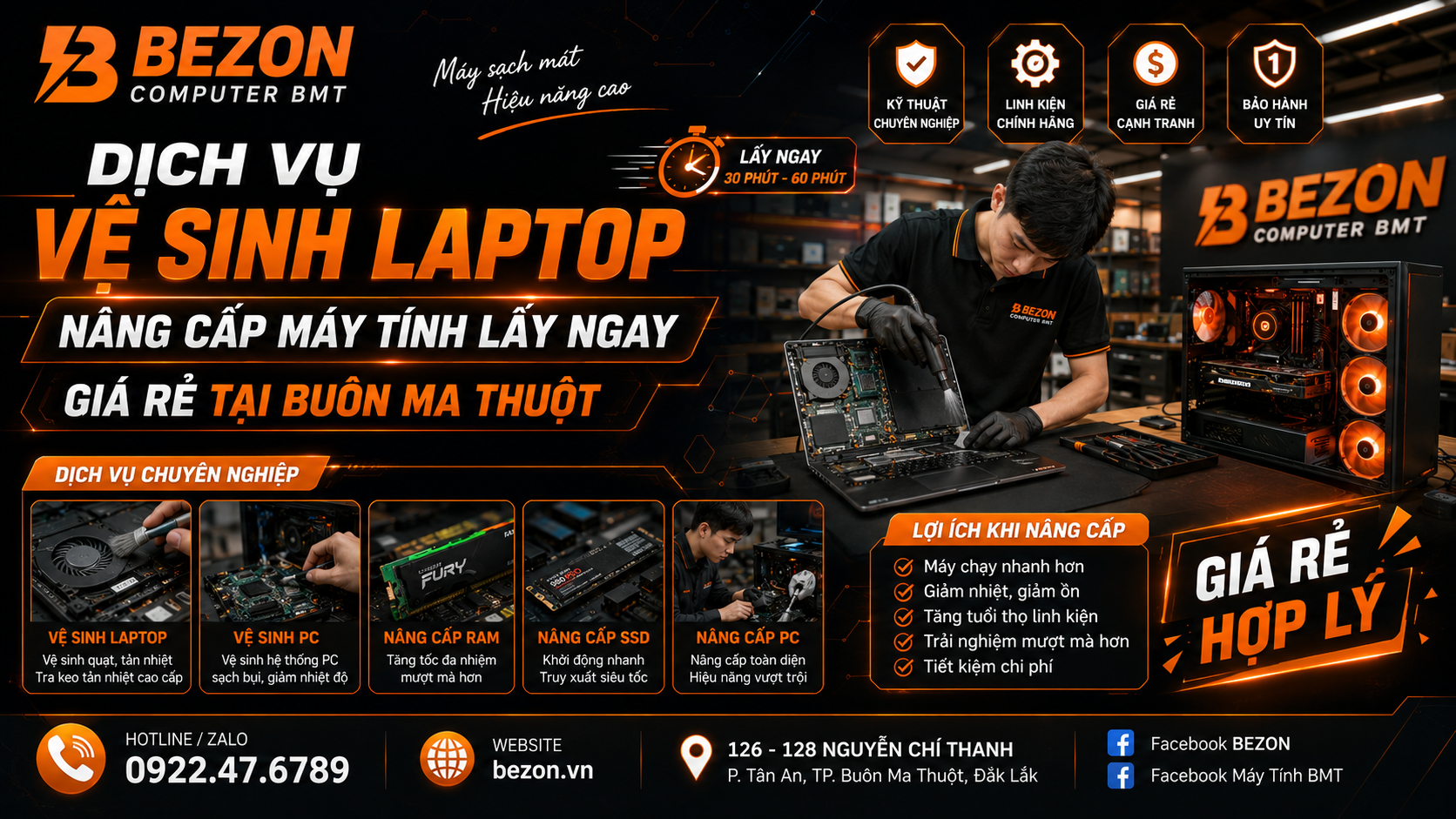 Dịch vụ vệ sinh laptop, nâng cấp máy tính lấy ngay, giá rẻ tại Buôn Ma Thuột