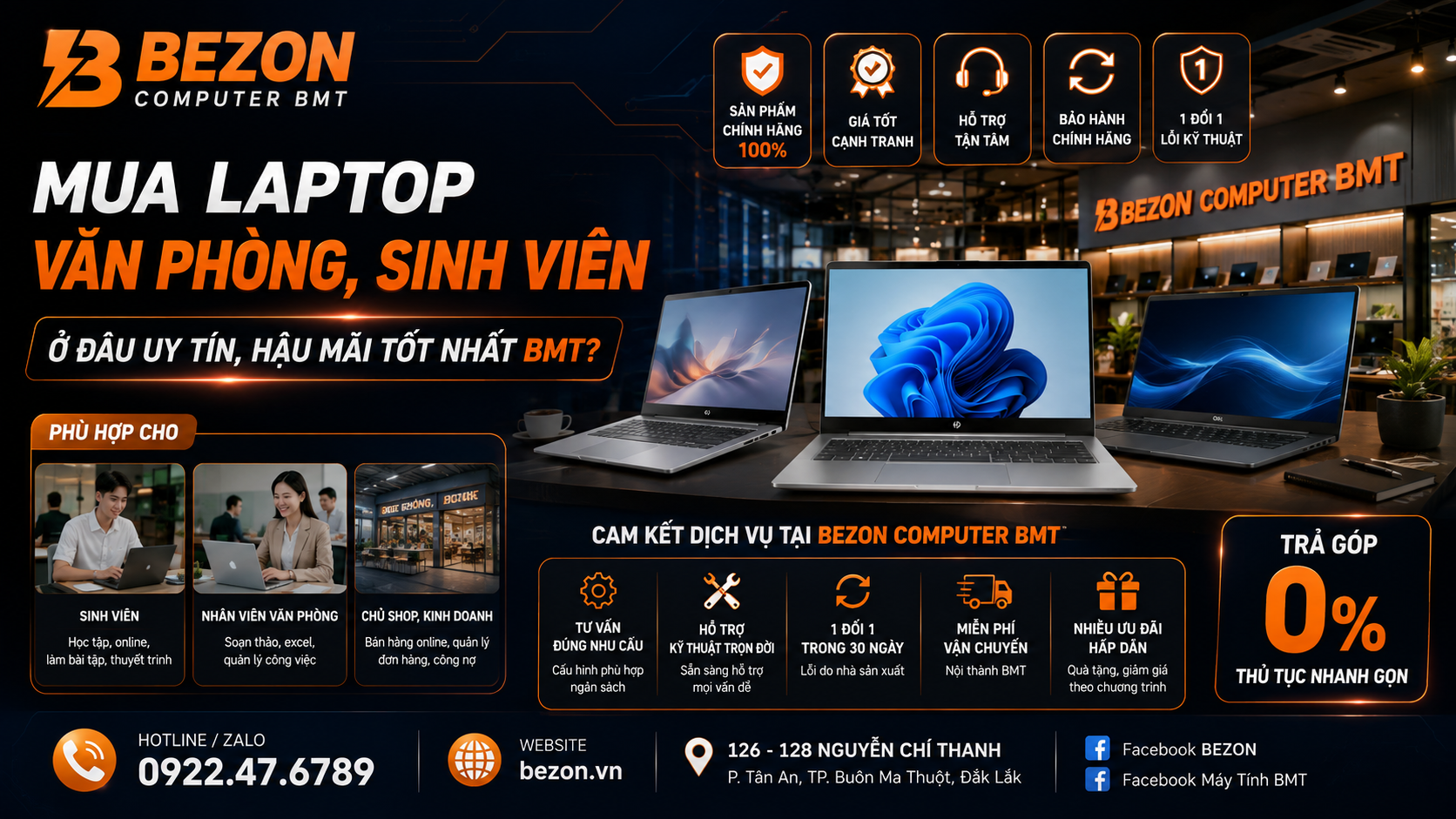 Mua laptop văn phòng, sinh viên ở đâu uy tín, hậu mãi tốt nhất BMT?