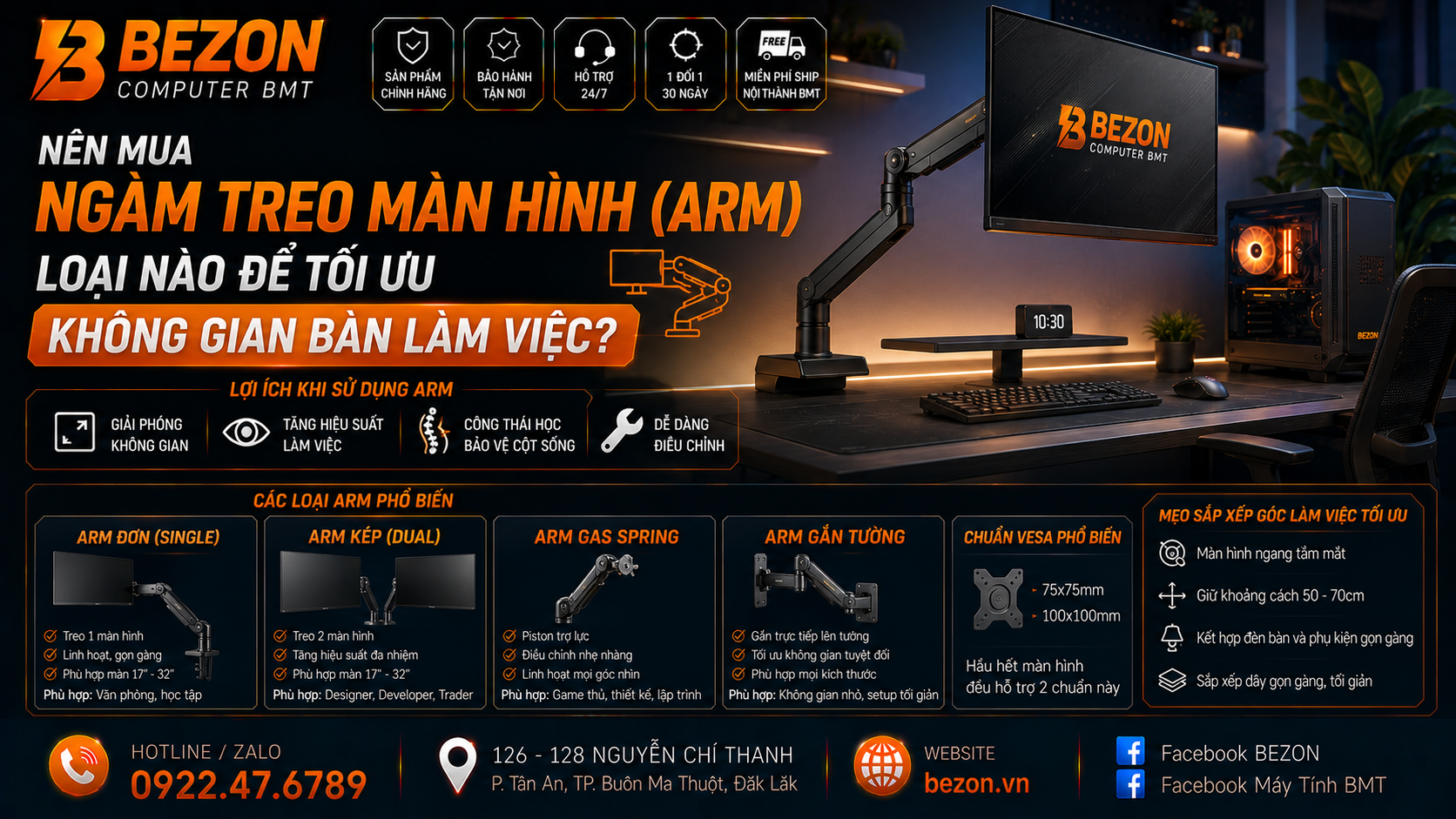 Nên mua ngàm treo màn hình (Arm) loại nào để tối ưu không gian bàn làm việc?