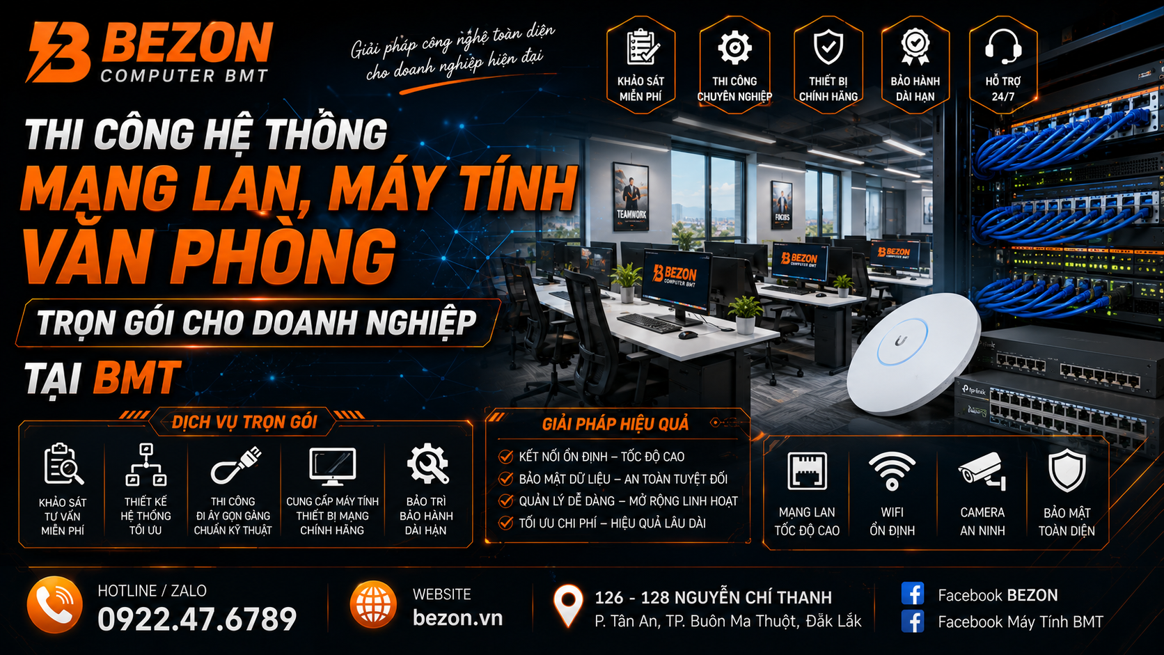 Thi công hệ thống mạng LAN, máy tính văn phòng trọn gói cho doanh nghiệp tại BMT