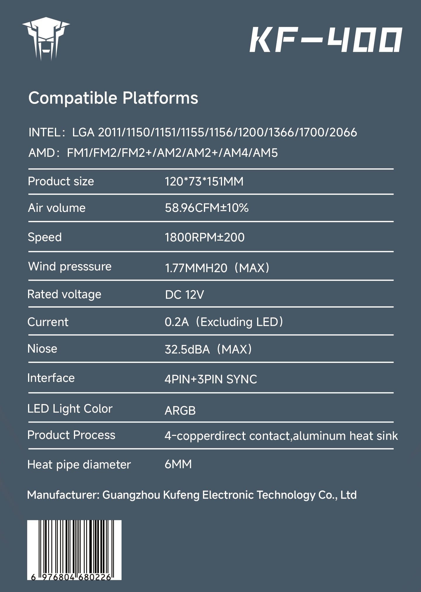 Tản nhiệt khí Leopard KF400 ARGB - Đen