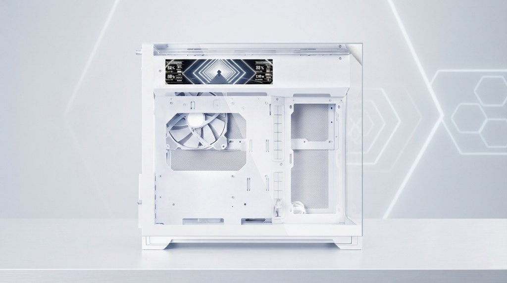 Thùng máy Lian Li O11 Vision M Digital (LCD 9.2 inch) (Không Kèm Fan) (CASELLO11VMDW) | M-ATX/ITX, LCD 9.2 inch, VGA 410mm, Trắng