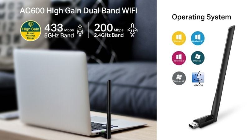 USB Thu Wifi TP-Link Archer T2U Plus AC600 hỗ trợ kết nối băng tần kép 2.4GHz và 5GHz