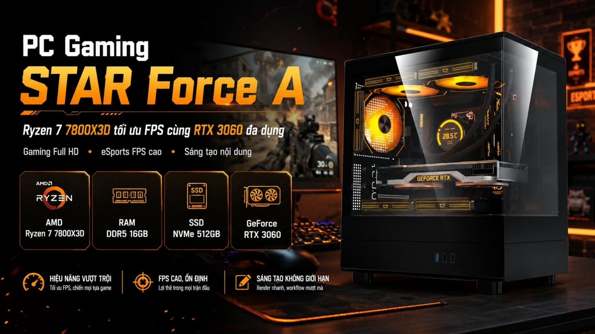 PC Gaming Bezon Force A - Ryzen 7 7800X3D tối ưu FPS cùng RTX 3060 đa dụng