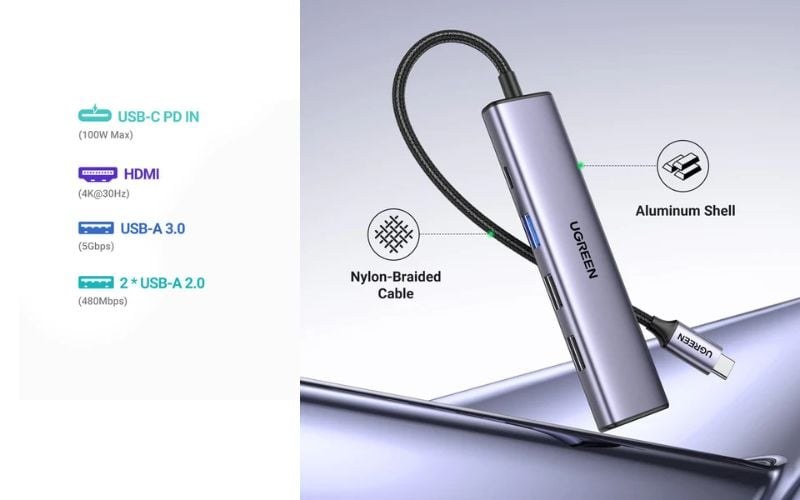 Ugreen 15495 được trang bị cổng USB-C PD hỗ trợ công suất lên đến 100W