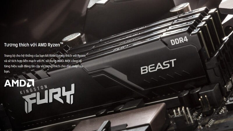 RAM PC Kingston Fury Beast 8GB DDR4 3200Mhz (1x 8GB) được thiết kế tương thích với hầu hết các mainboard hỗ trợ DDR4, AMD Ryzen™