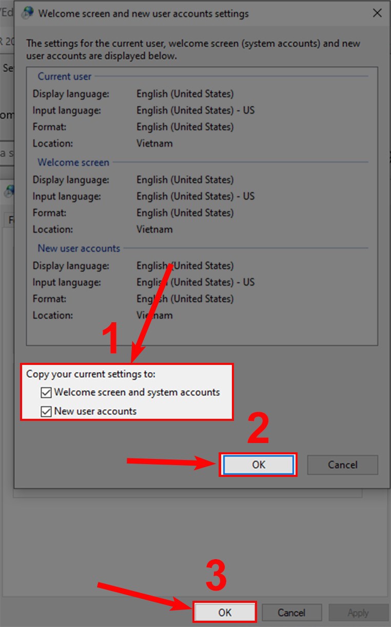 Chọn Welcome screen and system accounts và New user accounts sau đó chọn OK